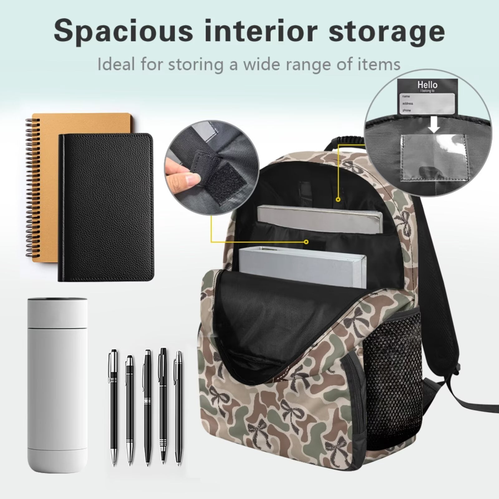 Pzuqiu Camo Bow Print 4 Pieces Backpack Set with Insulated Lunch Box Pencil Case 2pcs Bookmark Lightweight School Bags Set 17 Inch Bookbags for Kids Back to School