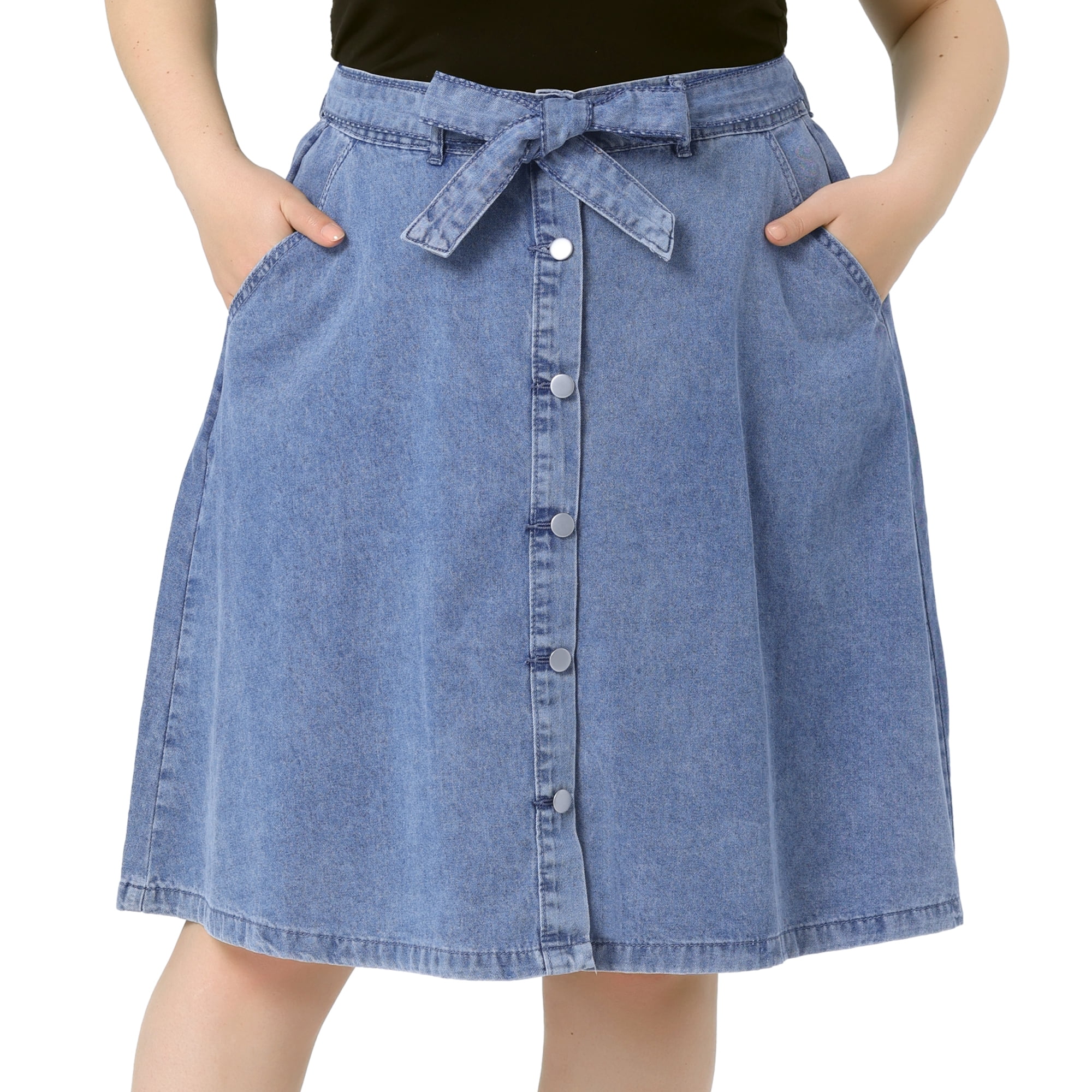 DARING DIVA Women's Plus Outfits Tie Waist Button Front Midi Denim Skirt 2X Grey Blue