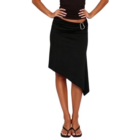 LMLYSoH Women's Flowy Midi Skirts Fashionable Casual Hardware Decor Elastic Waist Asymmetrical Hem Skirt