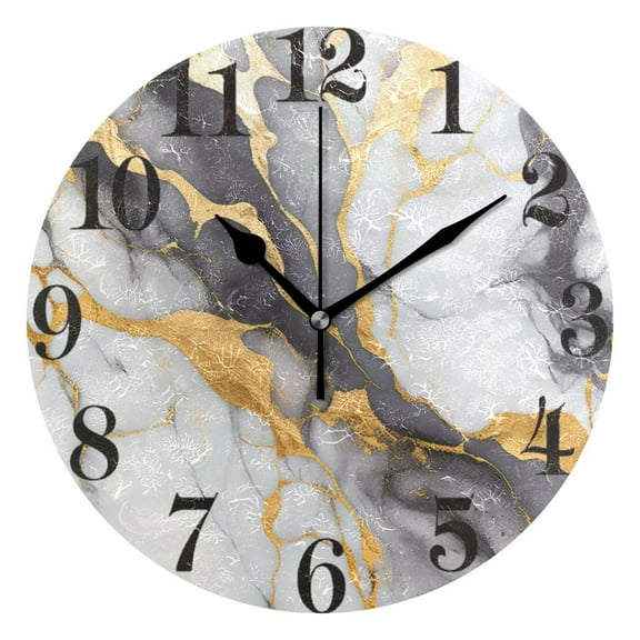 Gold White Ink Marble Wall Clock 9.8 inch Battery Operated Clocks Non-Ticking Silent for Bedroom Office Kitchen Living Room