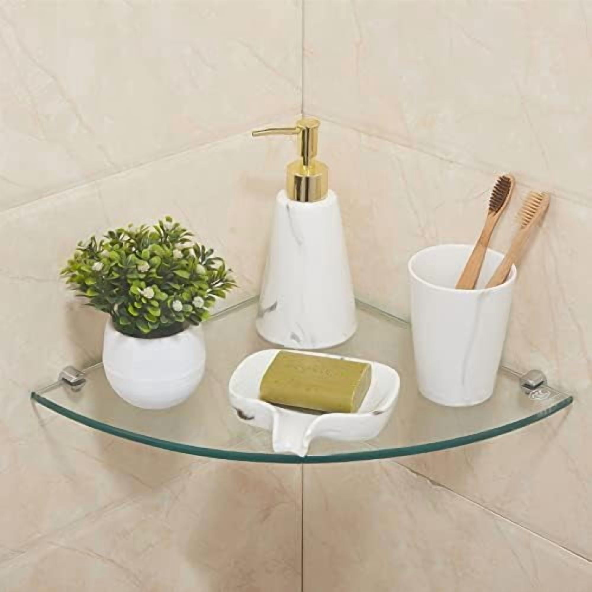 3 Pack Glass Bathroom Shower Shelves, Extra Thick Wall Mounted Shelves, Clear Floating Corner Shelves for Kitchen, Bathroom, Living Room, Office