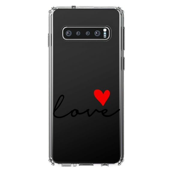 DistinctInk Clear Shockproof Hybrid Case for Samsung Galaxy S10  PLUS (6.4" Screen) - TPU Bumper Acrylic Back Tempered Glass Screen Protector - Love Heart Black & Red