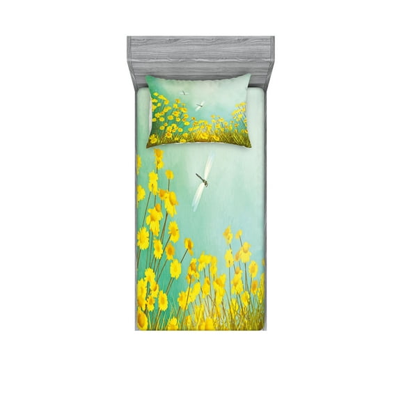 Ambesonne Nature Fitted Sheet & Pillow Sham Set, Daisies and Dragonflies, Twin, Green Yellow