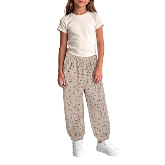 CBASIHI Girls Bow Print Corduroy Joggers Fall Comfy Elastic Waist Casual Cute Baggy Pants Beige 1 T- 10 T