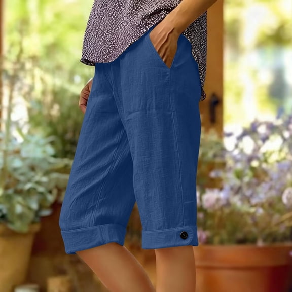 Lutiedan Bermuda Shorts for Women Cotton Linen Athletic Gym High Waisted Sweat Short Running Workout Roll Up Knee Length Shorts with Pockets