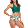 thumbnail image 4 of Liacowi Daughter  Mother Family Matching Swimwear, Solid Color Sleeveless Drawstring V-Neck Tops + Leaves Print Panties Bikini Set, 4 of 9