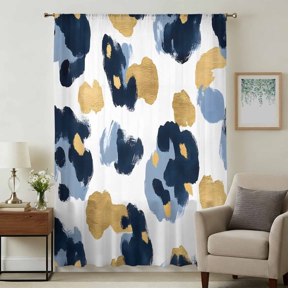 Navy Blue White Abstract Sheer Curtains 108 Inches Extra Long, Modern Art Yellow Light Filering Curtains, Privacy Drapes Simi Floor to Veiling Curtain for Living Room Bedroom Large Window Treatment
