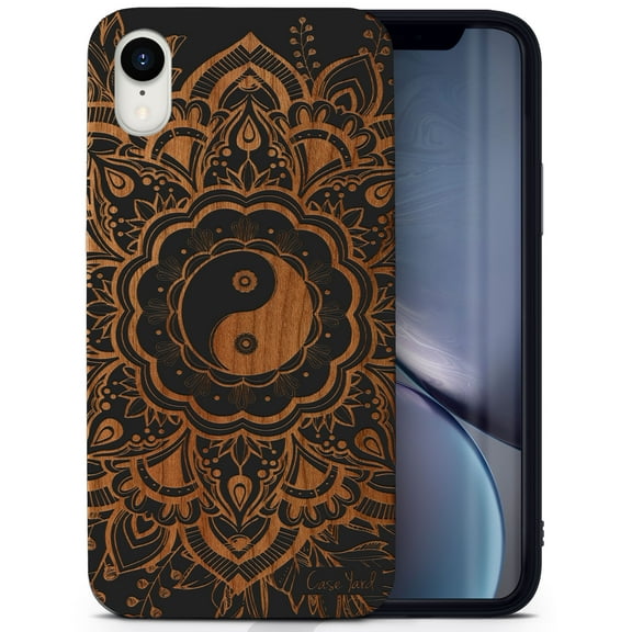 Wood phone case for iPhone XR compatible protective cell phone cover shockproof slim fit laser engraved Tao Mandala design Black wood case for Men & Women by CaseYard