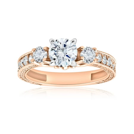 - 1 ct Vintage Real Diamond 3 Stone Engagement Ring 14K Rose Gold Antique Round Cut