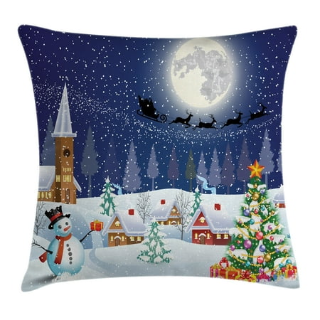 Snowmen Gifts Christmas Decorations Throw Pillow Cushion Cover, Winter Snowman Xmas Tree Santa Sleigh Church Moon Gifts Snow Stars, Decorative Square Accent Pillow Case, 18 X 18 Inches, Blue White, by Ambesonne ()