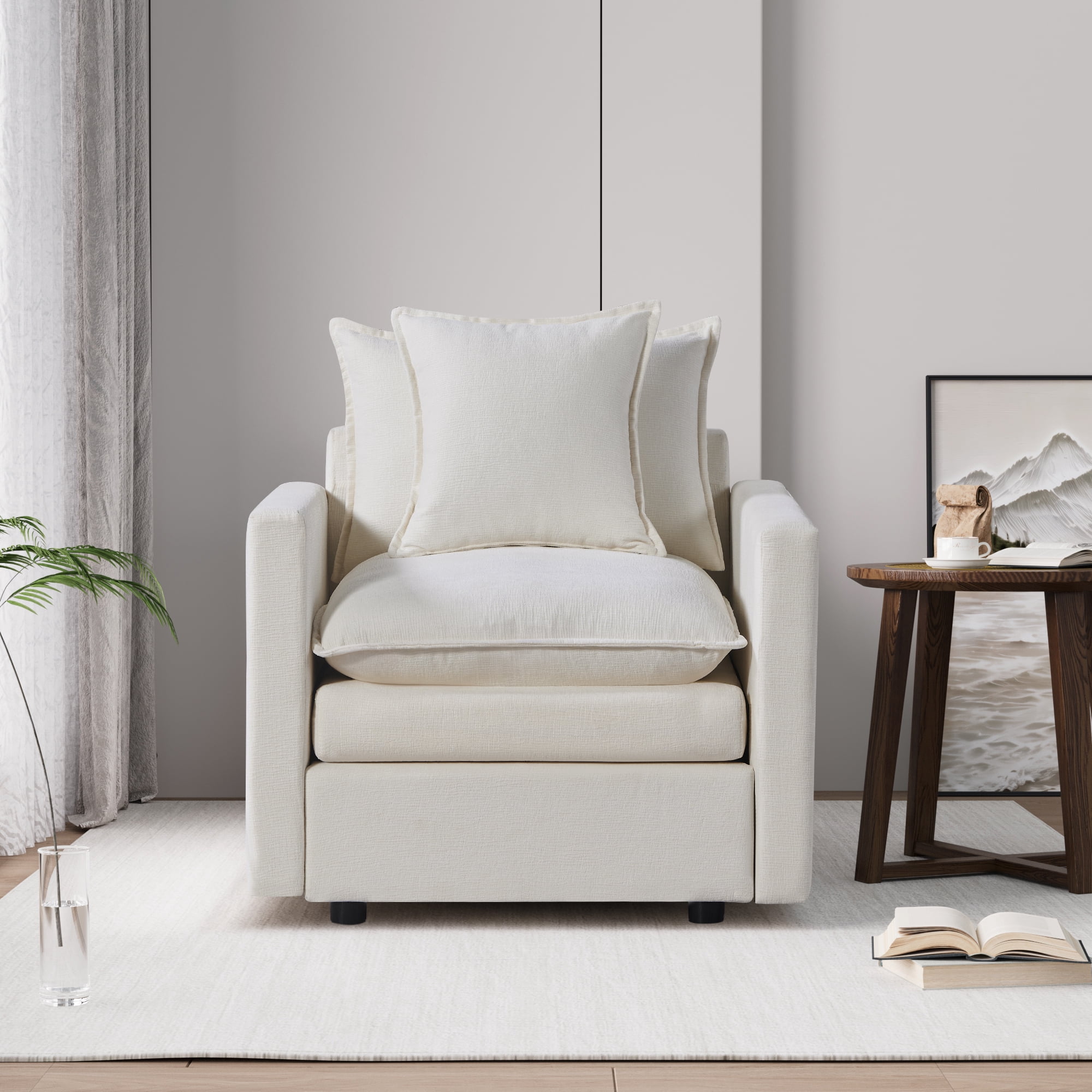 DEALTOPS 33"W Chenille Fabric Comfy Single Seat Sofa Upholstered Reading Armchair for Living Room-White