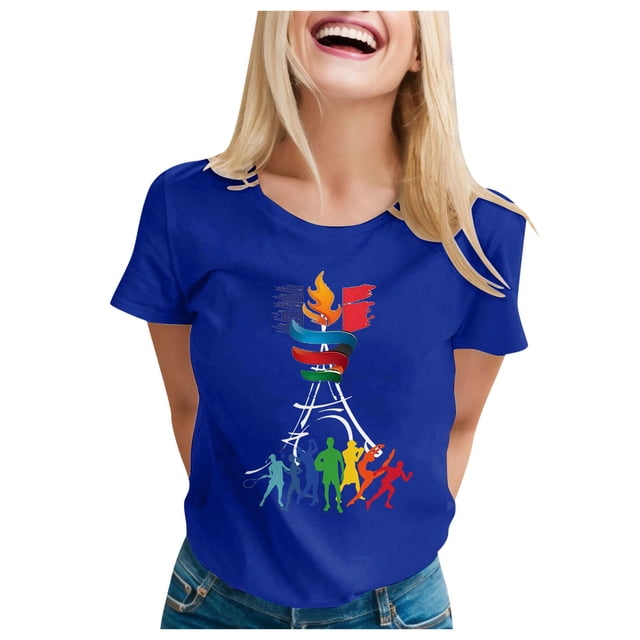 TSADFHJI Hauts d'Été pour Femmes en Solde Mode Décontractée Manches Courtes Col Rond T-Shirt Imprimé Ample TTG Bleu