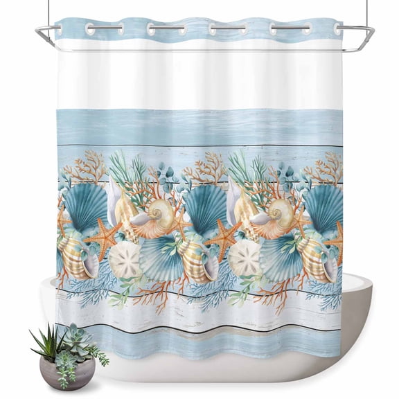 No Hook Shower Curtain, Blue Beach Coastal Shower Curtains for Bathroom with See Through Top Window, Nautical Shell Starfish Coral Summer Waterproof & Washable Bath Curtain Long 72"x78"