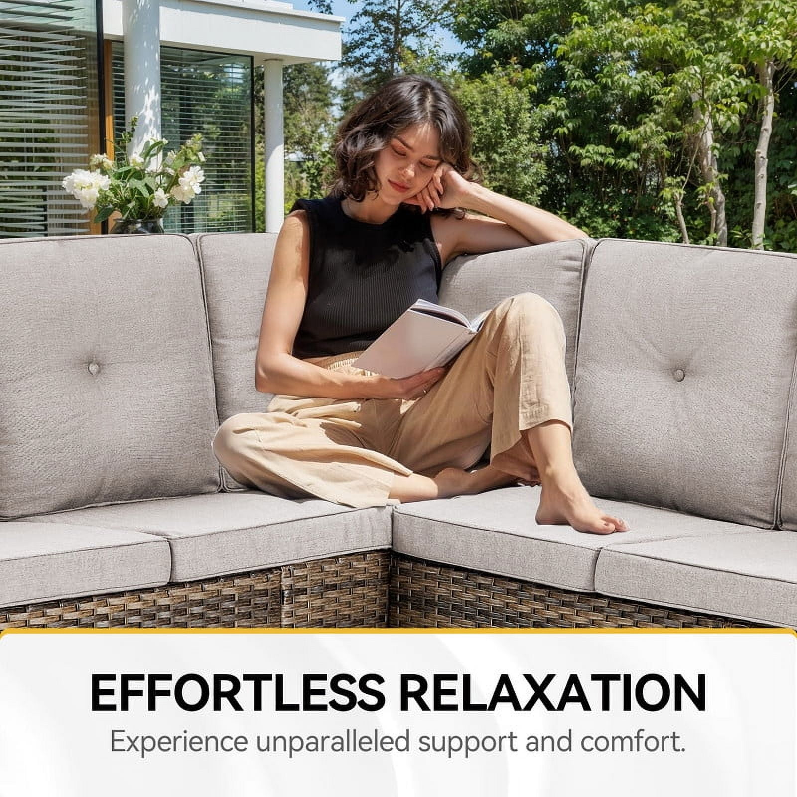 PARKWELL Outdoor Sectional Sofa Furniture Set,Patio Wicker L Shaped Couch High Back Conversation Set with Ottomans for Garden Yard,Brown Wicker Beige Cushion