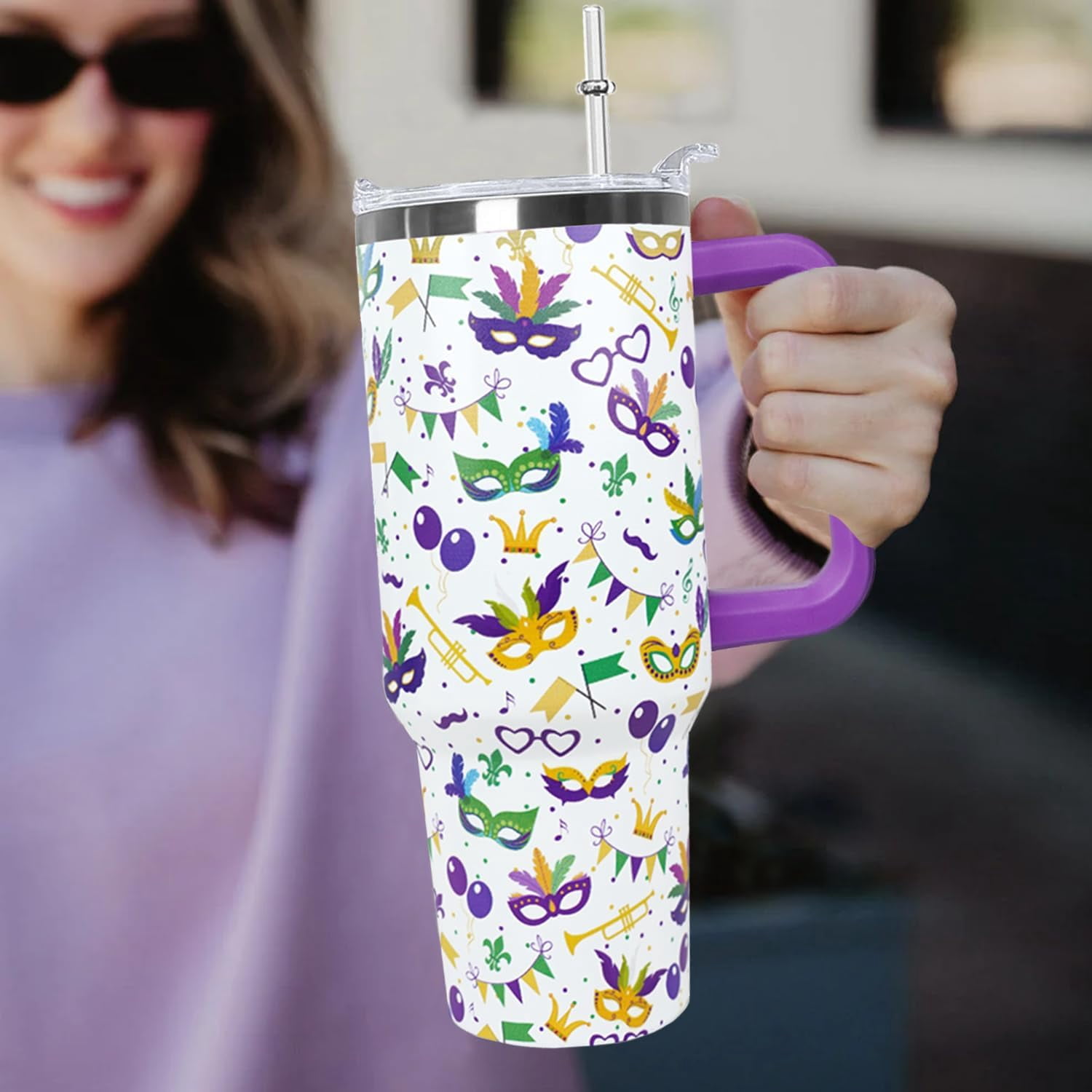 40 Oz Mardi Gras Tumbler with Lid and Straw,40 Oz Mardi Gras Coffee Mugs Water Bottles Wine Drinking GlassesTumbler with Straws,Margi Gras Decor,Margi Gras Gifts for Women