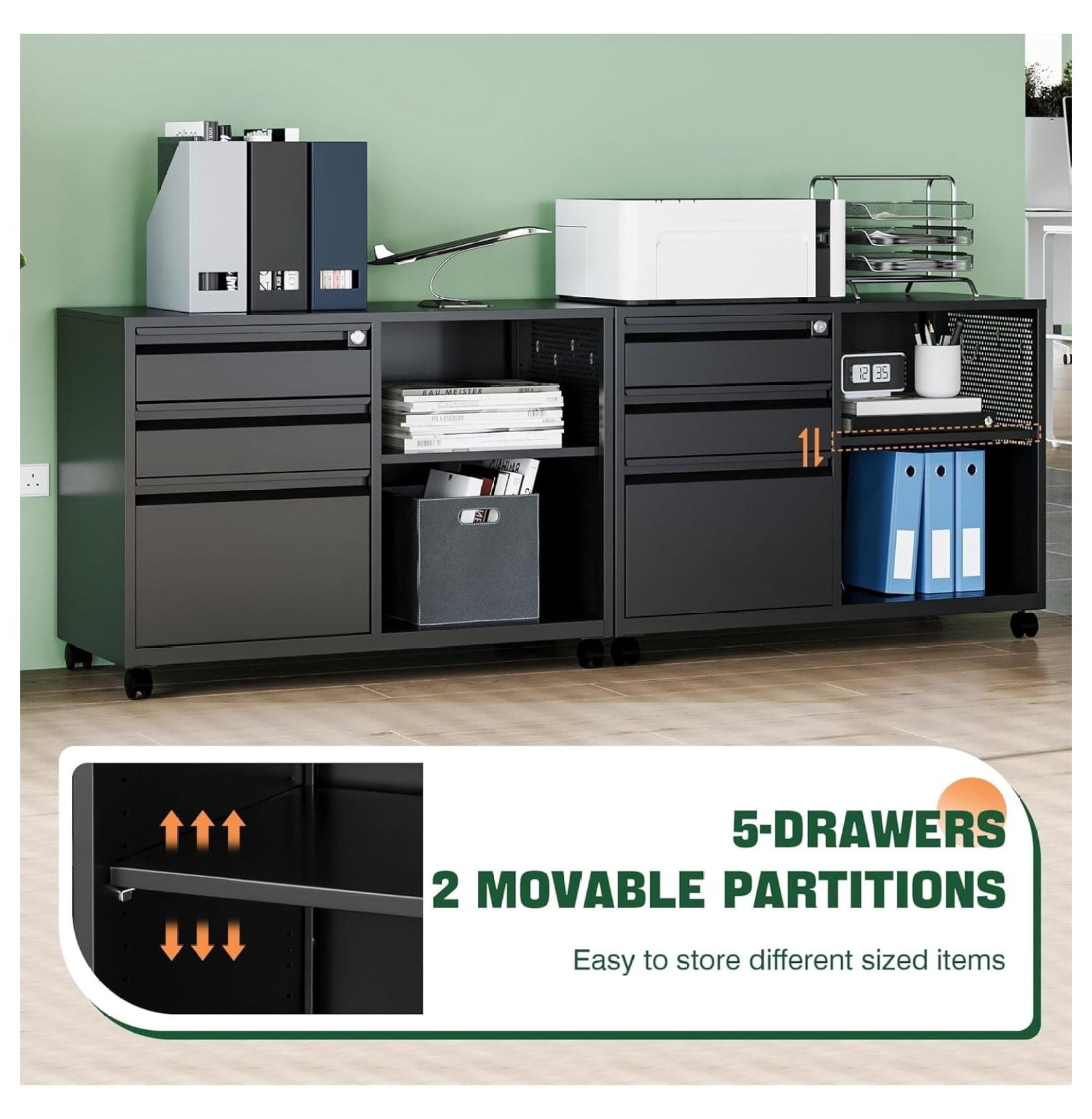 WDZS Mobile 3 Drawer File Cabinet with Lock-Metal Lateral Rolling Printer Stand Filing Cabinets for Home Office-Storage A4/F4/Letter (Black)