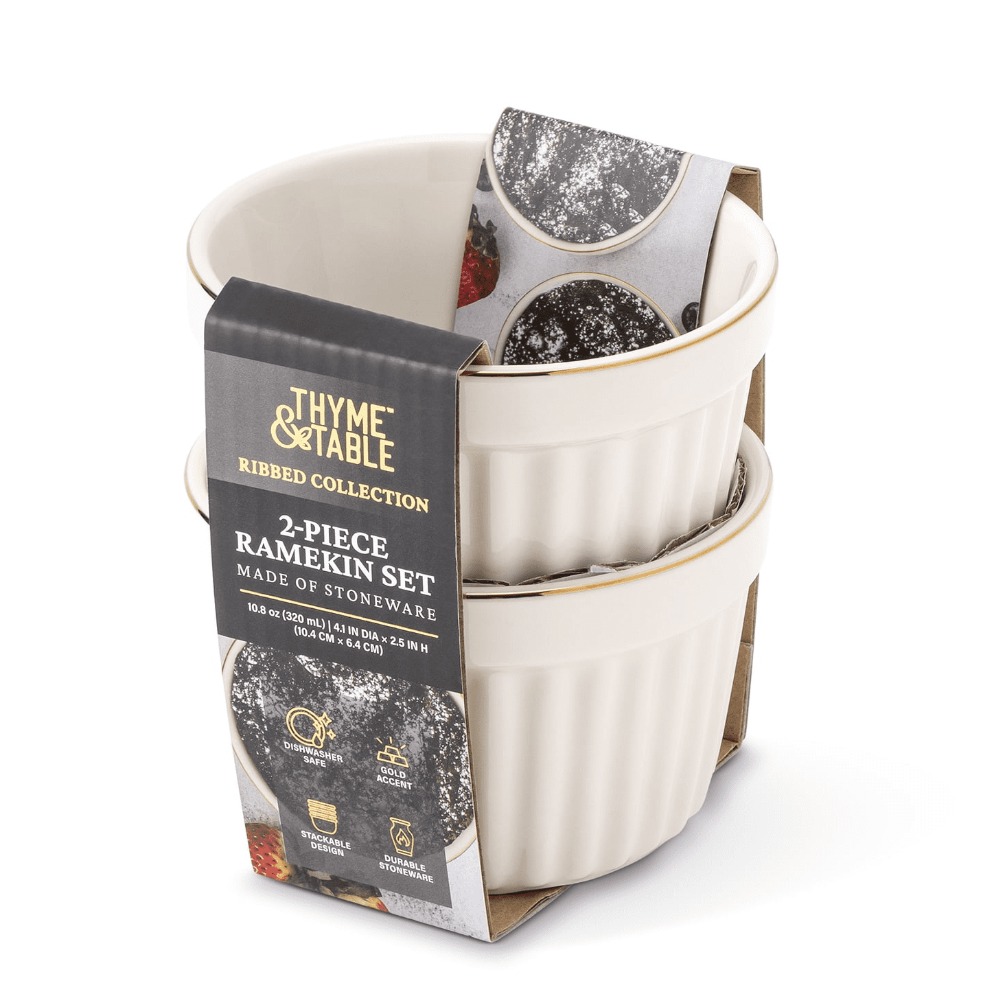 Thyme & Table Stoneware Ramekin Set, 2-Piece, 10 oz, White Ribbed
