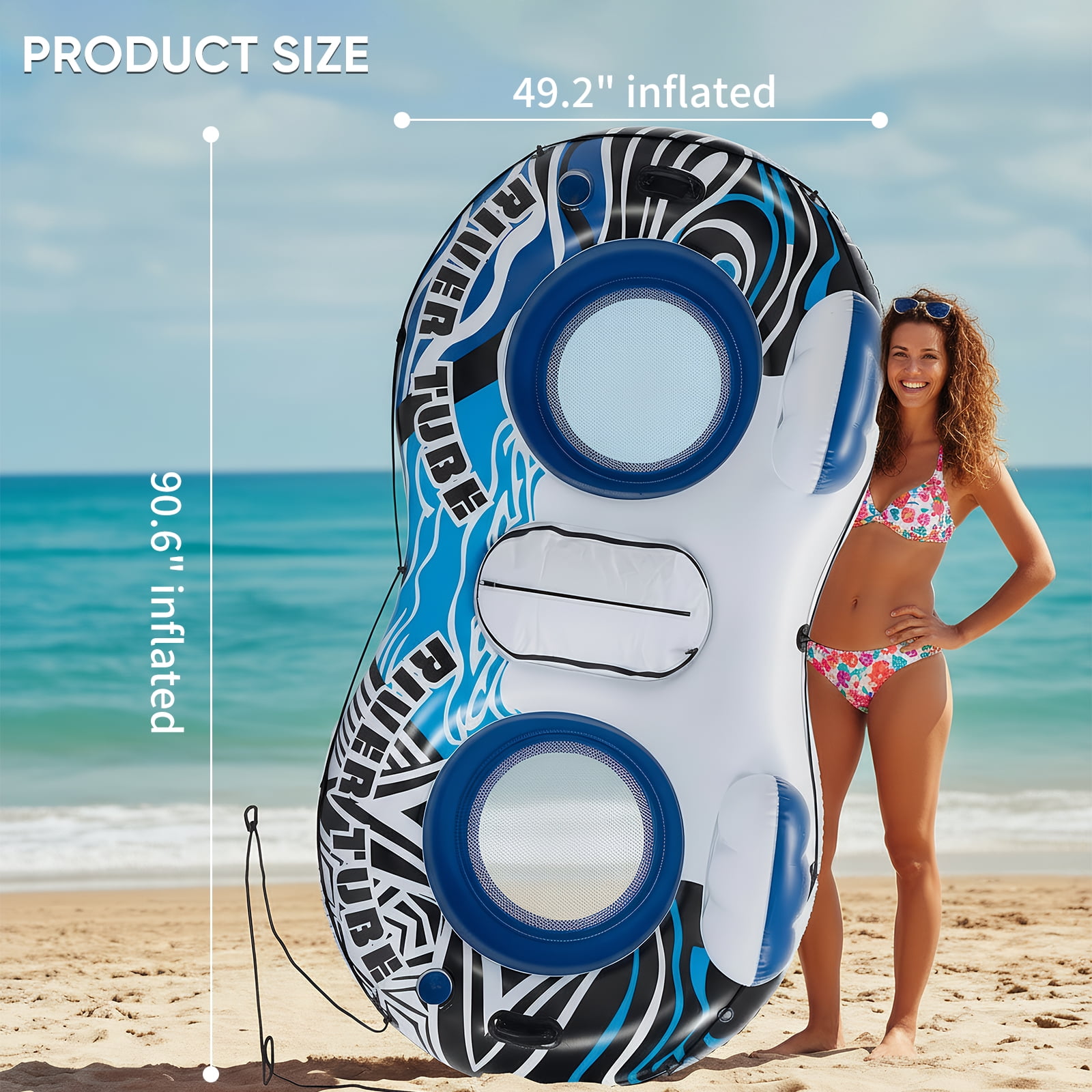 CONCETTA 2 Person Inflatable River Tube Float with Cooler & Enhanced Backrest, Quick Inflate Pool Lake Raft Lounger, Blue & White