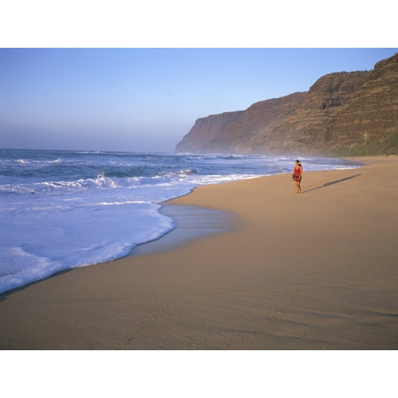 Hawaii Kauai Woman Walking Along Beach Small Mountain Blue Sky And Hawaii Kauai Woman Walking Along Beach Small Mountain Blue Sky And Ocean Canvas Art Bill