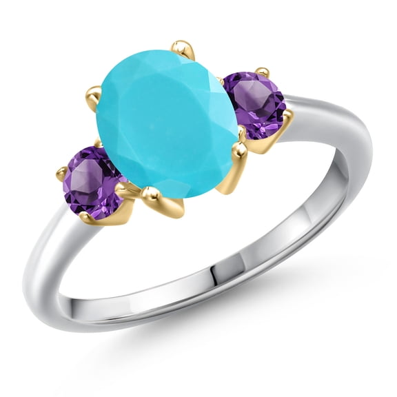 Gem Stone King 925 Silver and 10K Yellow Gold Green Turquoise and Purple Amethyst Engagement Ring for Women | 2.00 Cttw | Oval 9X7MM | Gemstone Birthstone | Size 6