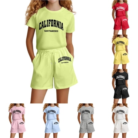 Girls Fashion Letter Print Casual Loose Short Sleeve Suit Baby Headband 4 Years