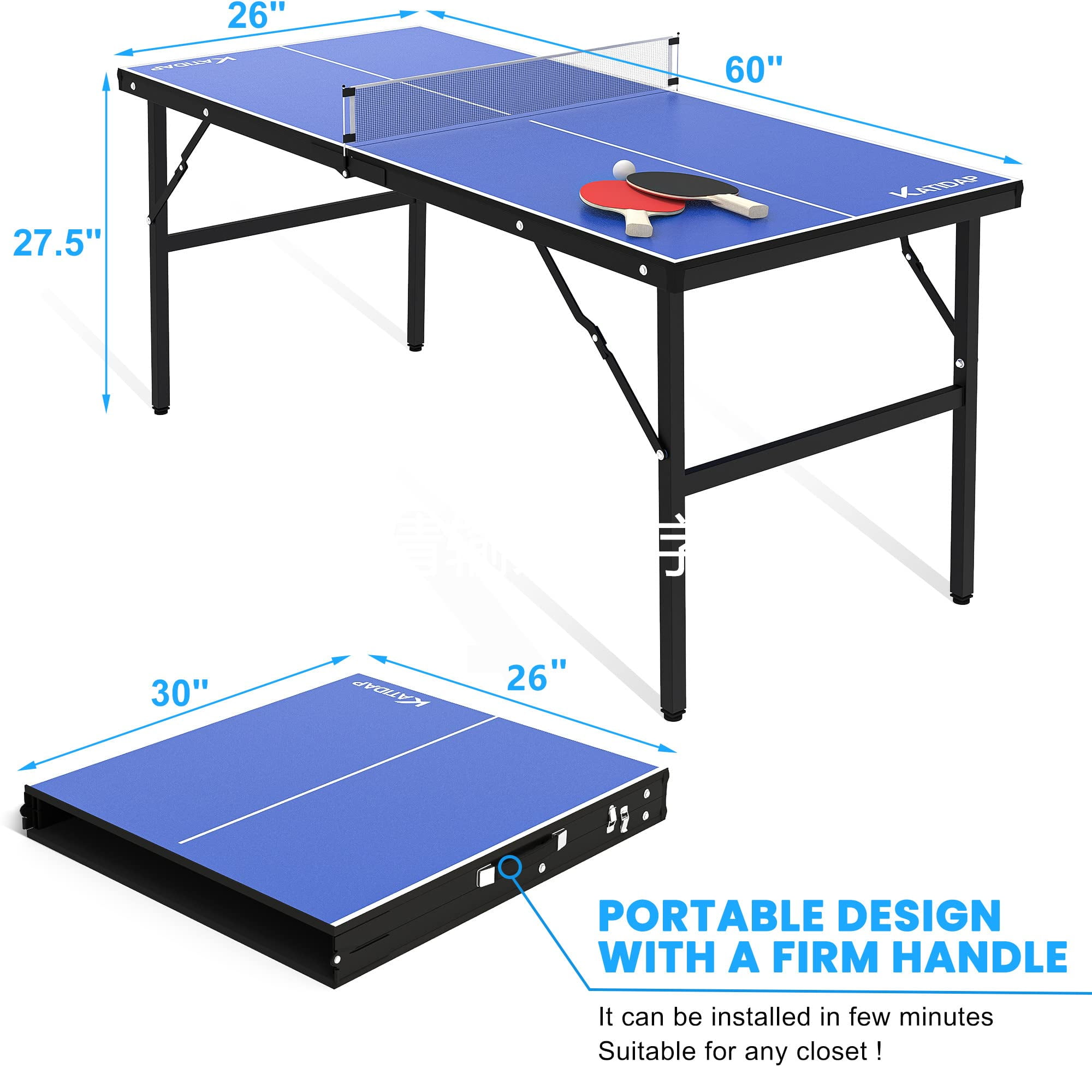  KL KLB Sport 6ft Mid-Size Table Tennis Table Foldable &  Portable Ping Pong Table Set for Indoor & Outdoor Games with Net, 2 Table  Tennis Paddles and 3 Balls 