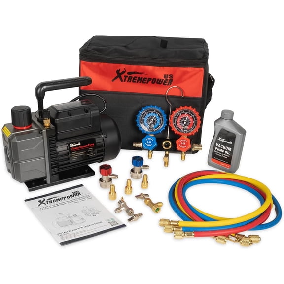 XtremepowerUS 3.5 CFM Vacuum Pump & Manifold Gauge Set, 1/3 HP HVAC Refrigerant Service Kit with Hoses & Can Tap