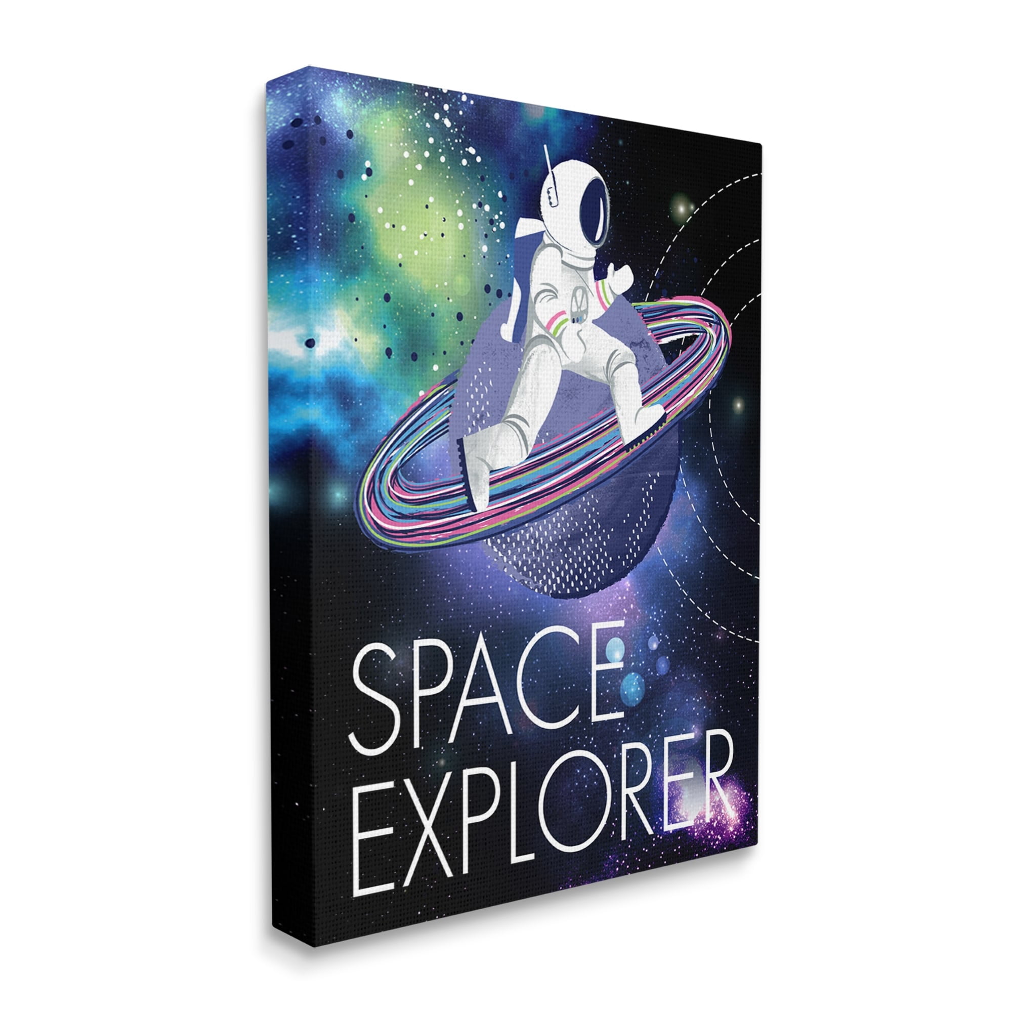 Stupell Industries Space Explorer Starry Universe Astronaut on Galaxy Planet Canvas Wall Art, 24 x 30, Design by Jennifer Ellory