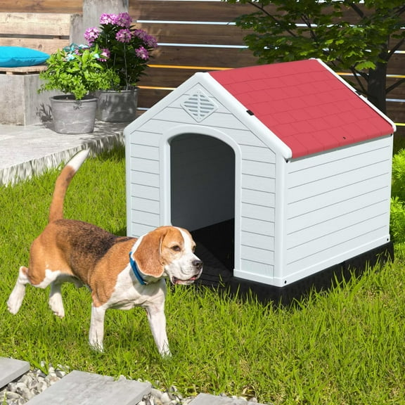 YRLLENSDAN 28 Inch Insulated Dog House Outdoor Weatherproof, Plastic Animal Shelter for Dogs, Cats, Rabbits & Chickens, Dog Shelters for Outside with Elevated Floor, Air Vents, Water-Resistant, Red