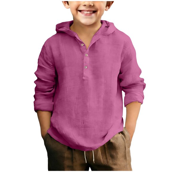 Tigivemen Hoodied Henley Shirts for Boys Long Sleeve School Shirt with Buttons Casual Beach Jacket Tshirts Dark Purple Size 8-9 Years