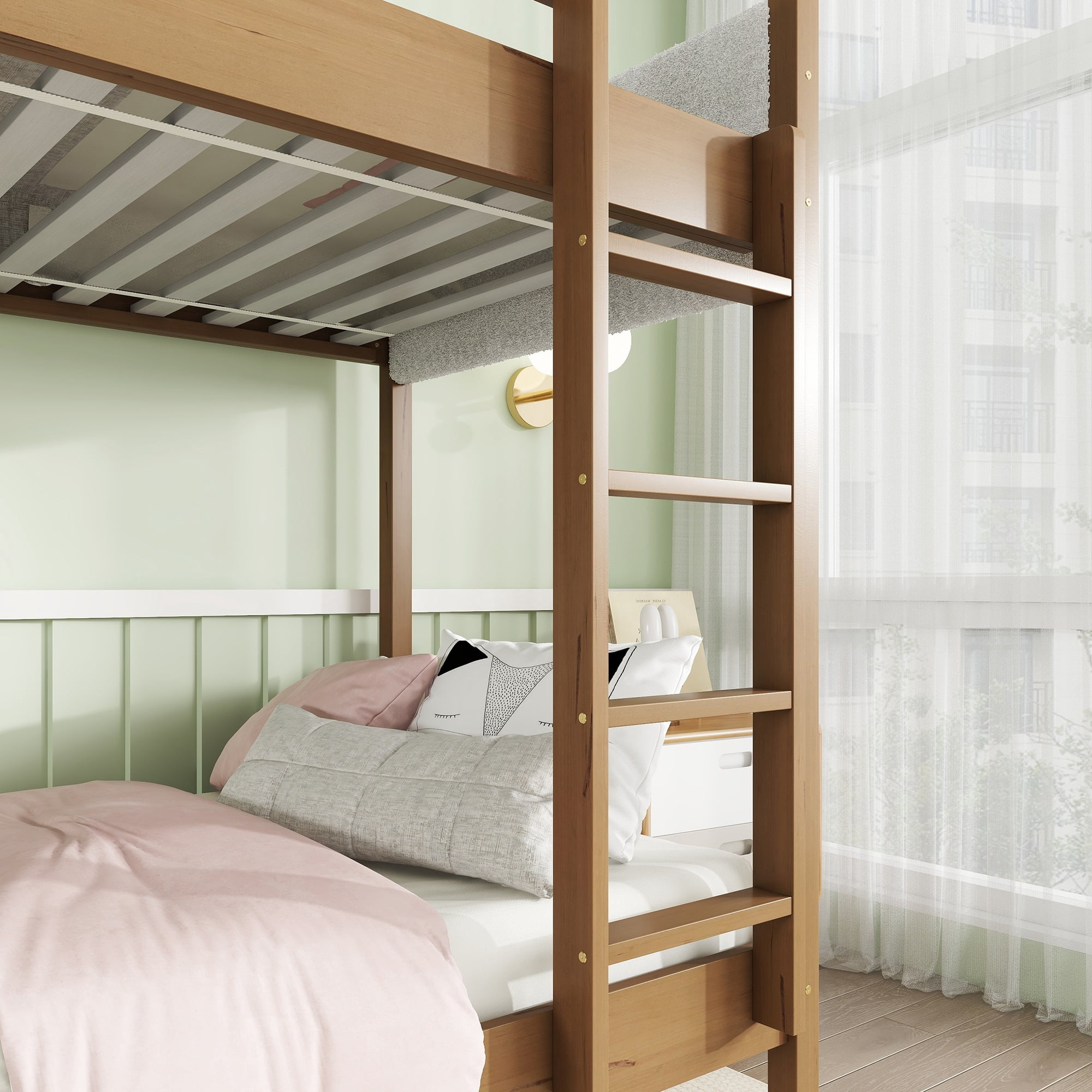 Sailvan Twin Over Twin Bunk Bed with Boucle Upholstered Headboard Footboard,Ladder, Safety Guardrail