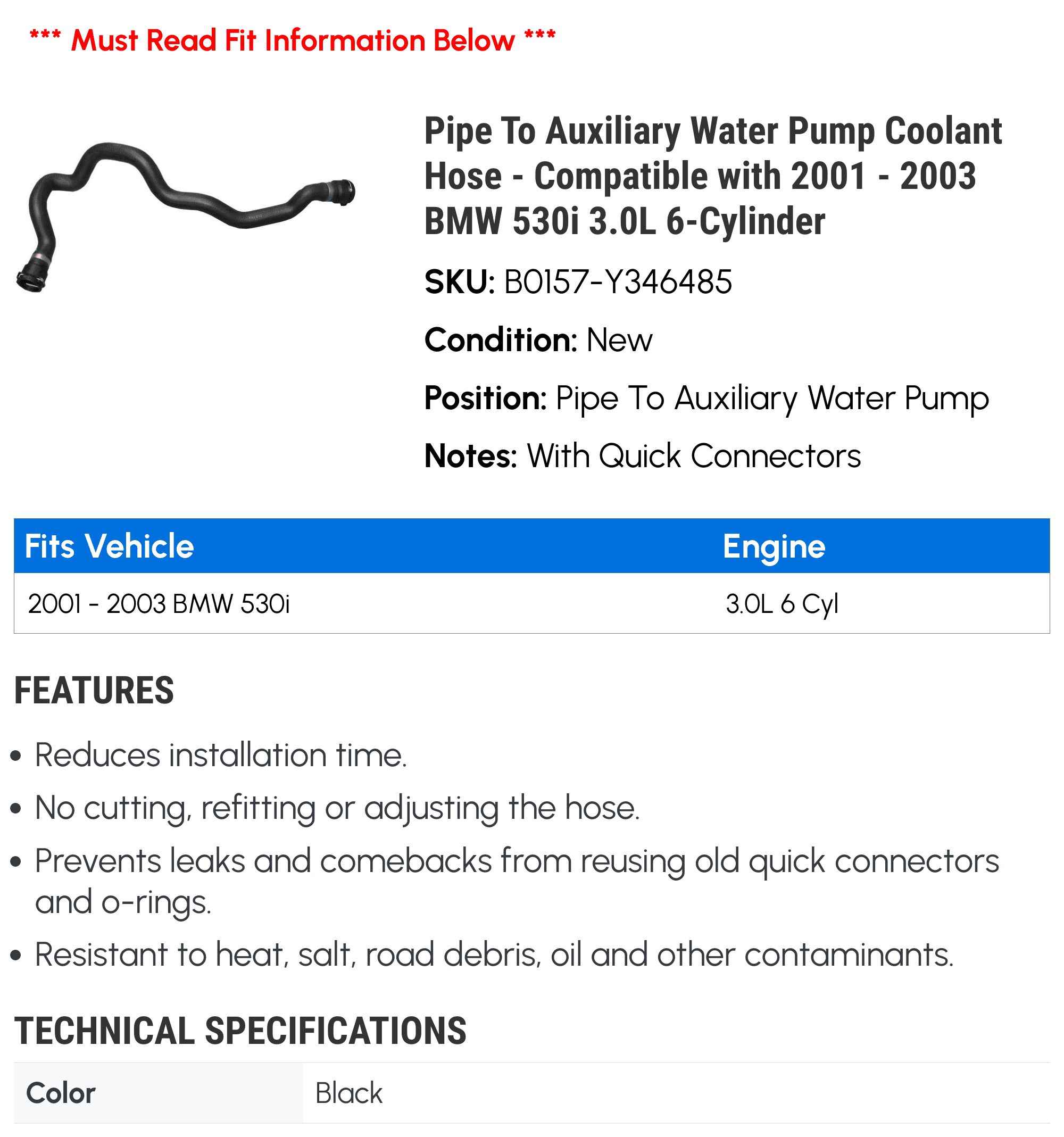 Line To Auxiliary Water Pump Coolant Hose - Compatible with 2001 - 2003 BMW 530i 3.0L 6-Cylinder 2002