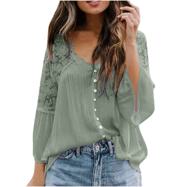 Mujeres Casual Elegante Suelto Tamaño grande Encaje Color sólido Cuello redondo Jersey Camisa de gasa Manga larga Cuello redondo Top Camisa Fridja czfsfas2396