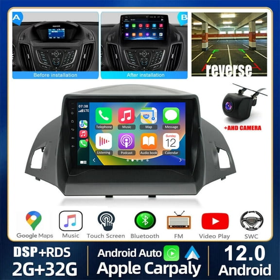iSpchen 9" Touchscreen Car Stereo Radio for Ford Escape 2013-2016, Android 12, Bluetooth, Black