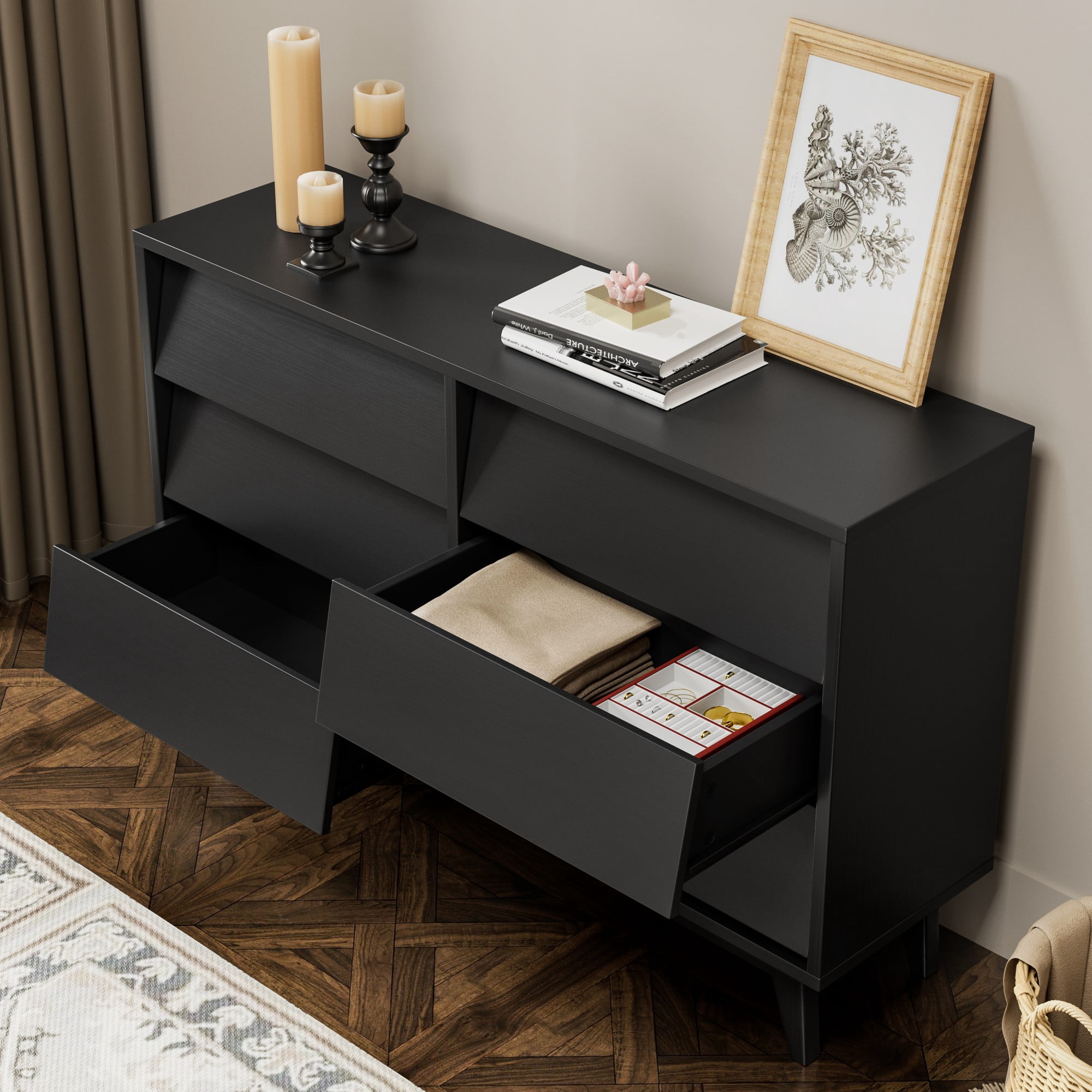 6 Drawer Dresser,Vintage Bevel Design Double Dresser,Chest of Drawers for Living Room,Hallway,Black