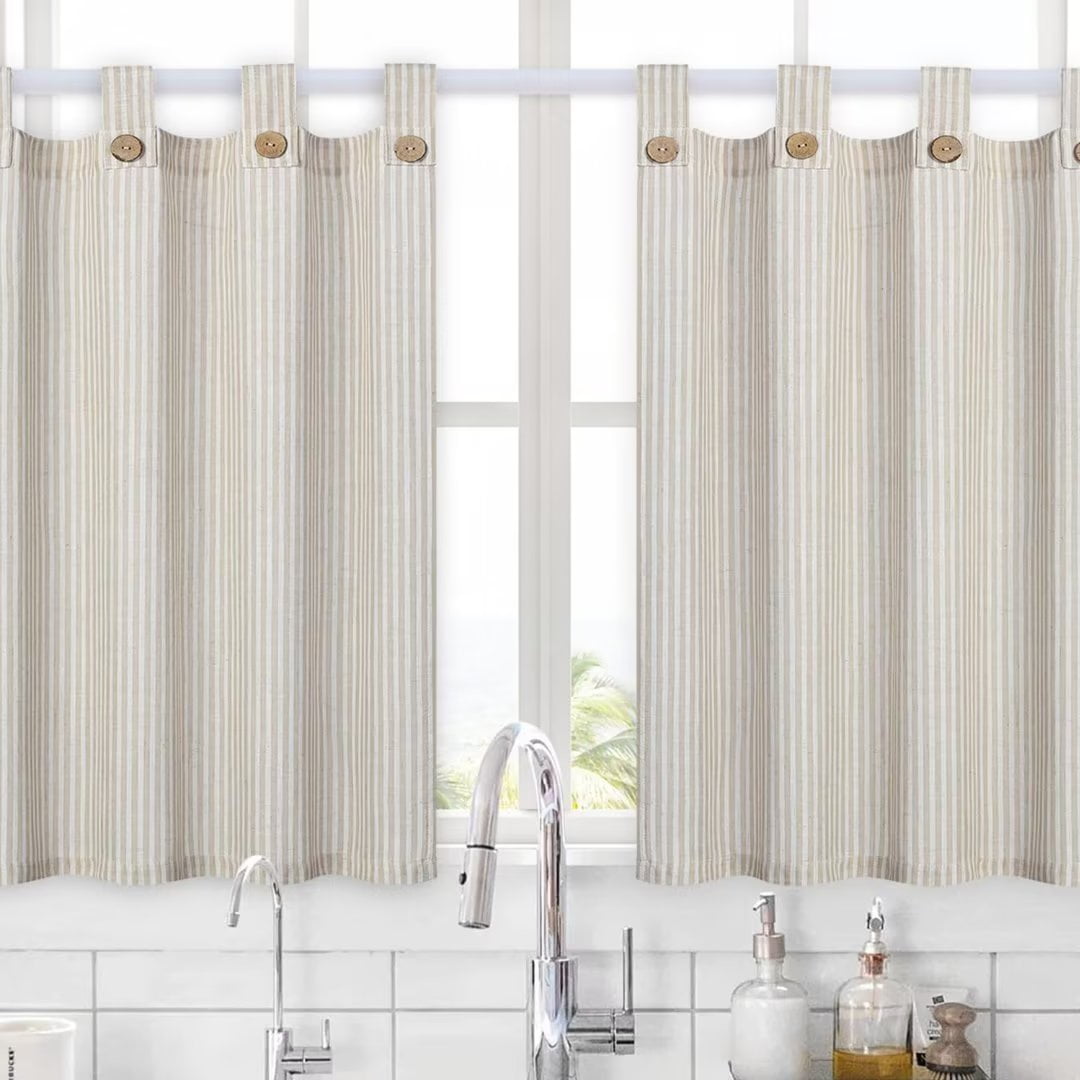 WhizMax Kitchen Curtains 36 Inch Length Linen Striped Cafe Curtains Tab