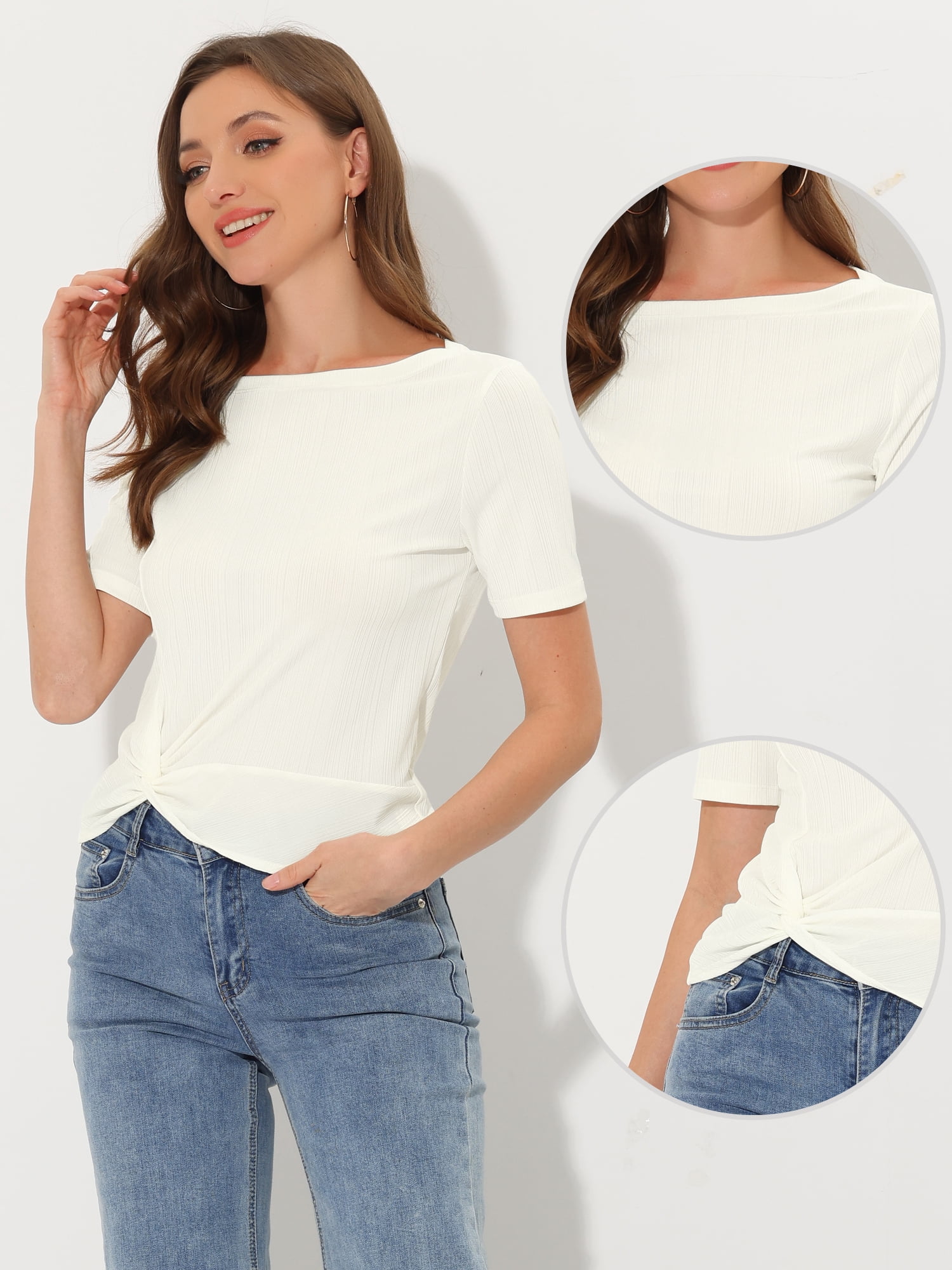 DARING DIVA Women's Casual Short Sleeve Textured Twist Knot T-Shirt M Cream White