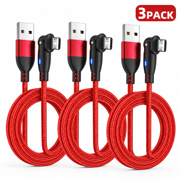 3 Pack 180 Degree Rotating Charging Cable, Straight and Right Angle 2 in 1 USB Data Cable, Aluminum Alloy Nylon Braided Phone Charger Cord for Charging, Data Transfer, Desk, Car, Travel, Red
