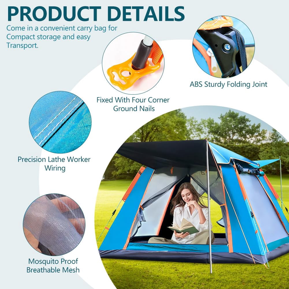 4-5 Person Camping Tent with Rainfly & Carry Bag, Easy Setup Dome Tent with Mesh Windows & Doors, Waterproof UV Protection Portable Family Tent for Camping Hiking Backpacking Travel, Blue