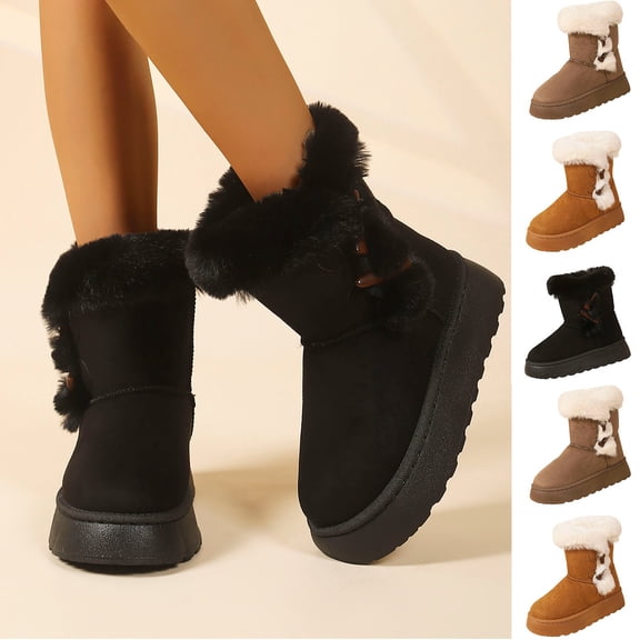 FRSASU Women's Snow Boots Anti-Slip Mid-calf Winter Boots Faux Fur Lined Winter Comfortable Suede Snow Boots Khaki
