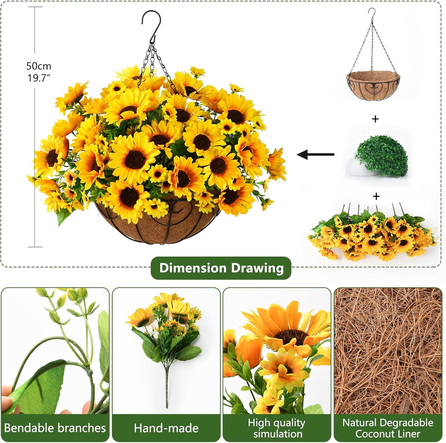 Artificial Sunflowers Fake Hanging Flowers Plants Baskets for Outdoor Spring Summer Decoration, Faux Silk Flowers Look Real UV Resistant for Porch Patio Garden Summer Home Decor