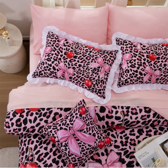 Btargot Leopard Print Comforter Sets Queen 6 Piece Pink Bows Cherry Cute Feminine Ruffles Bedding Set