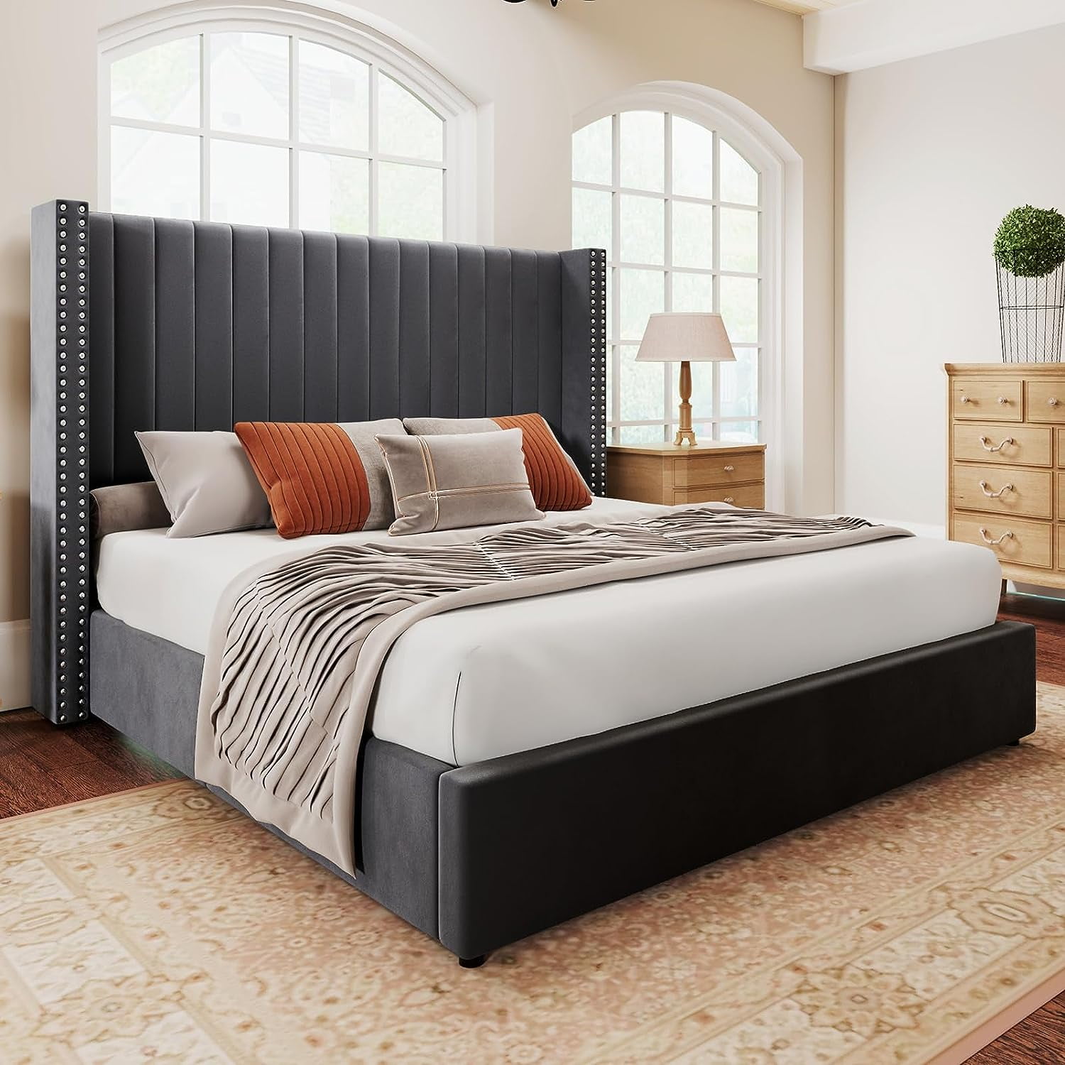 Merluxy King Bed Frame Lift Up Storage Bed, Velvet King Upholstered Bed Frame/Channel Tufted Wingback Headborad/No Box Spring Needed/Gray