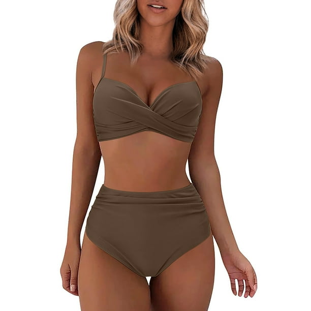 Mejor Belleza Mujer Traje de Baño de Moda Aumentar el tamaño 2 Piezas Tankini Tops de Bikini y Partes de Abajo Café M