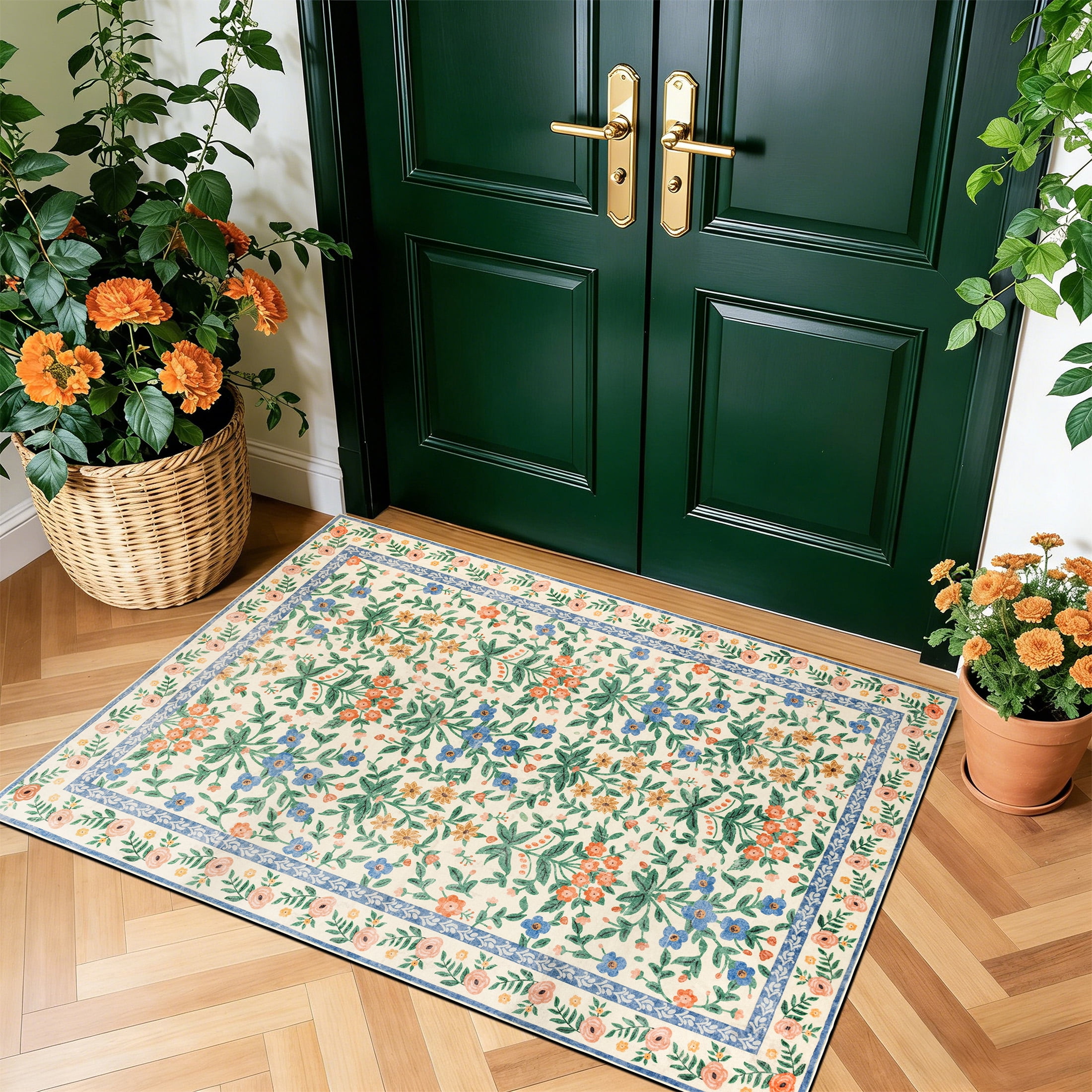 SORONO KATE 2'x3' Floral Area Rugs for Door Entrance Entryway, Machine Washable Oriental Vintage Distressed Non Slip Soft Indoor Area Carpet, Cream