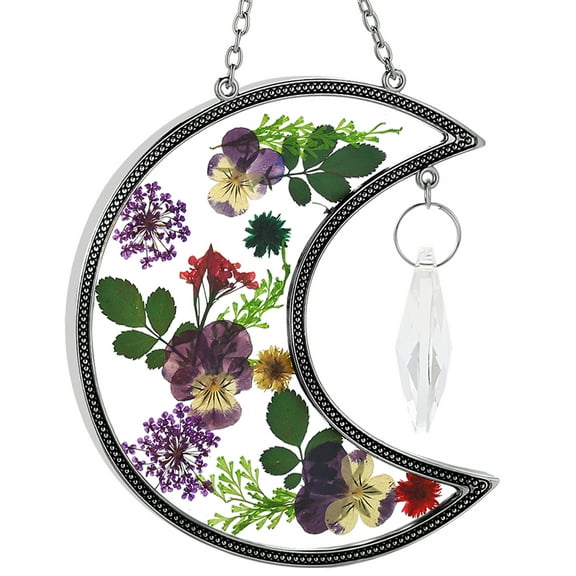 Crystal Silver Zircon & Stained glass Moon Suncatcher, Real Pressed Flowers in Glass Happy Mother's Day moon, Anniversary Valentines Day , Wind Chime Ornament - Gift for Your Loved One