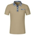 thumbnail image 4 of Mens Polo Shirts Casual Spliced Denim Lapel Short Sleeve Button Lapel Pocket Tops Loose Comfortable Business T Shirts for Man Khaki M, 4 of 5