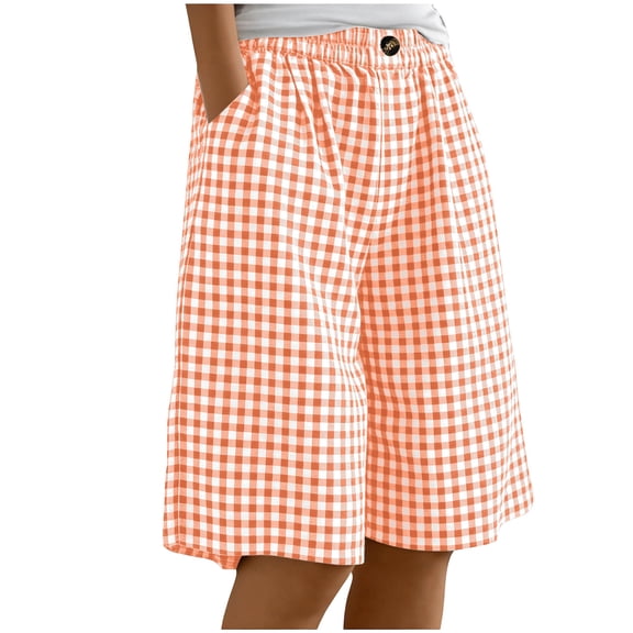 Girls Cotton Linen Shorts Loose High Waist Long Shorts Summer Casual Plaid Knee Length Shorts With Pockets