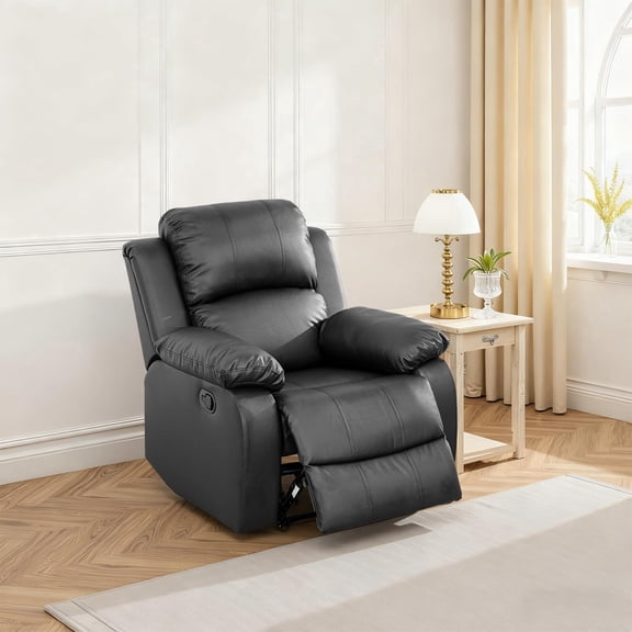 Saxum Tegmen Single Manual Leather Recliner Chair, Living Room Furniture Reclining Couch Seat with Side Pockets, Swivel Rocker for Home or Office,Black
