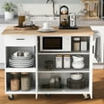 thumbnail image 3 of Kitchen Island with Folding Drop Leaf Breakfast Bar, Portable Rolling Kitchen Cart with Large Storage Cabinet, Shelf and Drawer, 47.2 Inch Work Station with Solid Wood Top, White, 3 of 9